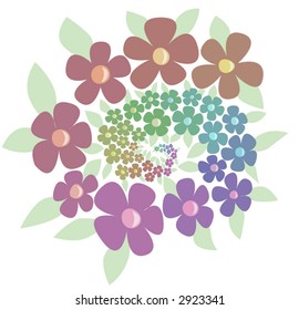 Flowers in a spiral pattern. Vector. Full rainbow spectrum of blossoms with green leaves.