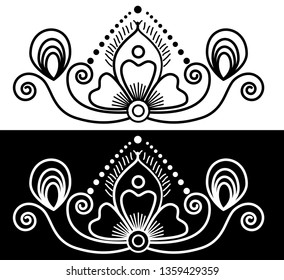 Flowers, Spirals and Dots - Indian Traditional and Cultural Rangoli, Alpona, Kolam or Paisley vector line art with dark and white background