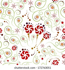 flowers and spirals seamless pattern on a white background