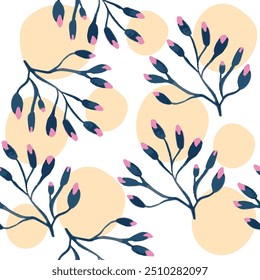 Flowers, spring, buds. Vector seamless pattern, polka dots, romantic print for fabrics. Botanical theme, light, beautiful and harmonious. Branches, leaves and flower. Super cute.