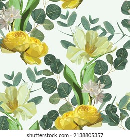 Flowers of Spring daffodils, roses, Eucalyptus and tulips on a white background. Seamless pattern.  Suitable for packaging, Wallpaper, fabric.