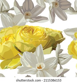 Flowers of Spring daffodils and roses on a white background. Seamless pattern.  Suitable for packaging, Wallpaper, fabric.