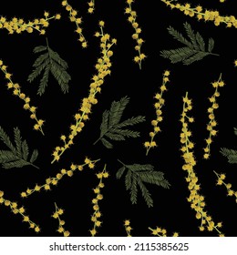 Flores de mimosa de primavera sobre fondo negro. Patrón sin foco.  Adecuado para el embalaje, Papel de escritorio, tela.