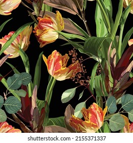 Flowers of Spring orange tulips, eucalyptus, herbs background. Seamless pattern.  Suitable for packaging, Wallpaper, fabric.