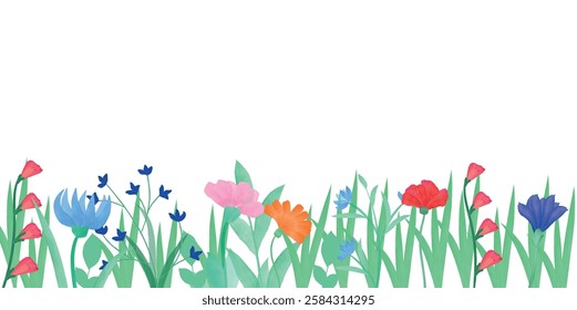 Flowers, Spring or Summer seamless horizontal border with blooming meadow flowers on a white background. Watercolor. Multi-colored garden flowers in a row. Banner with floral pattern