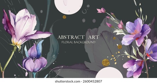 Flowers Spring Vector Background Watercolor Style. Floral Botanical Illustration on Black Background. Flower Spring Design for Cards, Prints, Banners, Decoration