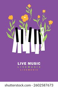 Flowers sprouting through piano keys, poster music fest