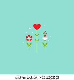 flowers, sprouts and cup with red hearts. love icon. flat vector illustration isolated on powder blue background. Romantic date. St. Valentine card.