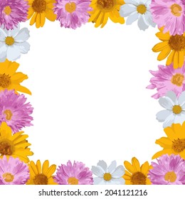 Flowers square frame. Square template for social media posts, mobile apps, banner design, photo and online advertising. Pink, purple, yellow, white flowers. Decorative frame. Vector illustration.