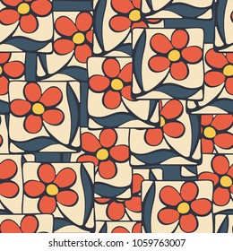 Flowers in the squares. Chaotic location. Seamless pattern. Fashionable texture. Celebratory background. Stylish wall-papers.