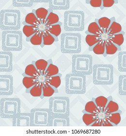 Flowers and squares on a checkered background. Seamless editable pattern.
