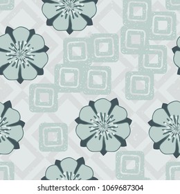 Flowers and squares on a checkered background. Seamless editable pattern.