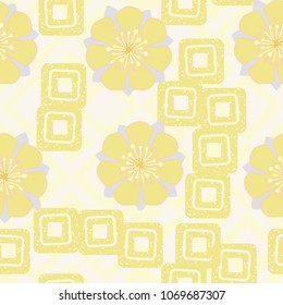 Flowers and squares on a checkered background. Seamless editable pattern.