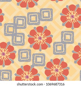 Flowers and squares on a checkered background. Seamless editable pattern.