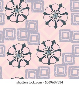 Flowers and squares on a checkered background. Seamless editable pattern.