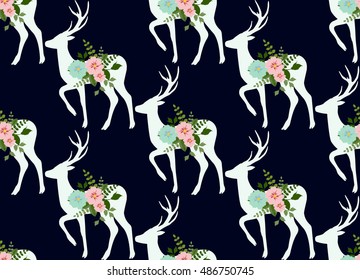 flowers and stag, deer seamless pattern.