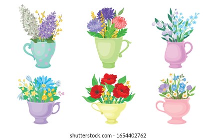 Flowers Standing in Different Vases and Pots Vector Set
