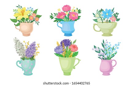 Flowers Standing in Different Vases and Pots Vector Set