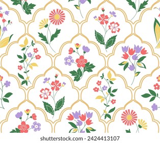 Blumen unter zarten Bögen, die ein botanisches Gitter mit Vintage-Gefühl schaffen. Muster, inspiriert vom Design eines Vintage , mit einer Vielzahl von blühenden Pflanzen, in einem Spalier untergebracht.