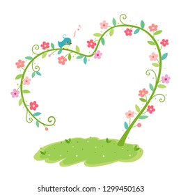 Flowers stem with cute little bird.Heart shaped plant arch on white background