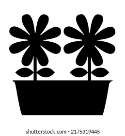 Flowers with stem, petals and leaves growing in pot, house plant, graphic, vector, illustration in black and white color, isolated on white background