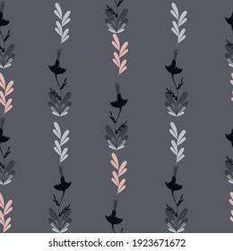 Flores con tallos y hojas conectadas verticalmente. Polvo rosa, azul bebé y negro en fondo gris. Patrón vectorial sin cable.