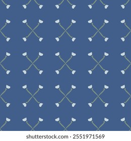 Flowers and stems placed in an X shape in off white and green over blue background. Simple floral blender print. A seamless vector pattern. Great for homedecor, fabric, wallpaper, giftwrap, stationery