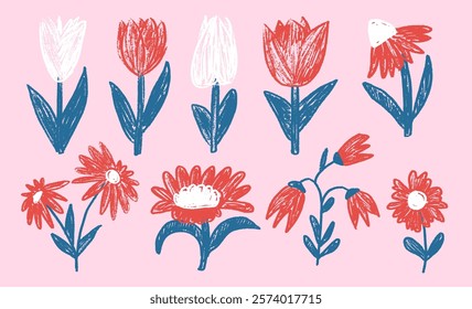 Flowers stencil set. Spring tulip, daisy, chamomile and marguerite doodle crayon. Summer floral kids elements. Chalk childish floral shape. Vector naive pencil illustration.