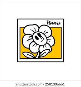 Flowers sticker vector design in cool yellow color. Trendy cute smile patch.