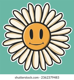 flowers sticker vintage groovy characters and elements for poster of sticker design. Retro character, hippie 70s style, psychedelic vector illustration