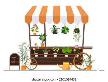 Flowers Store and Plants Shop with Florists Care, Organic Natural Products for Home Garden Green Decoration in Flat Background Vector Illustration