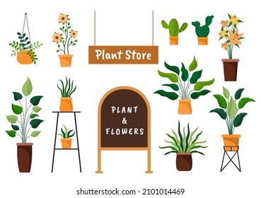 Flowers Store and Plants Shop with Florists Care, Organic Natural Products for Home Garden Green Decoration in Flat Background Vector Illustration