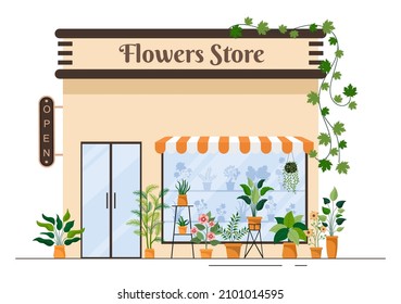 Flowers Store and Plants Shop with Florists Care, Organic Natural Products for Home Garden Green Decoration in Flat Background Vector Illustration