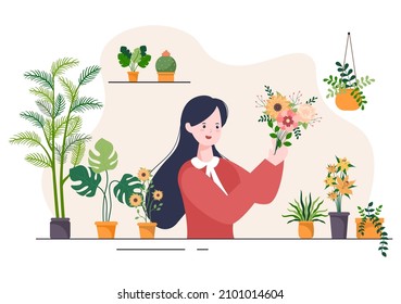 Flowers Store and Plants Shop with Florists Care, Organic Natural Products for Home Garden Green Decoration in Flat Background Vector Illustration