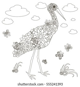 Flowers stork, coloring page anti-stress stock vector illustration
