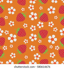 Flowers and strawberries on orange background. Natural product. Seamless pattern on a dark green background. The farmers market, chefs, cooks.