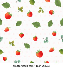 Flowers strawberry fruits green leaves vector seamless background, spring and summer elements. Hand drawn illustration, polka dot background