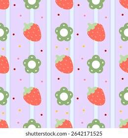 Flowers strawberry on Fabric pattern, yellow checkered pattern, gift wrapping paper , seamless pattern 