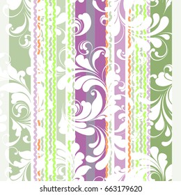 Flowers and stripes. Eclectic floral pattern with hand drawn swirls and geometric lines. Trendy seamless texture for design textiles, paper, wallpaper, wrapping.
