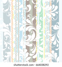 Flowers and stripes. Eclectic floral pattern with hand drawn swirls and geometric lines. Trendy seamless texture for design textiles, paper, wallpaper, wrapping.