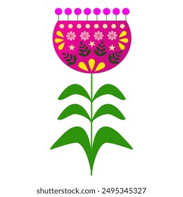 flowers style Scandinavian folk art ,dot, green ,pink and yellow ornament ,design elements.