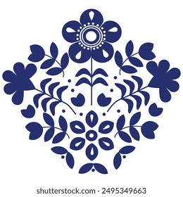 flowers style Scandinavian folk art ,greeting card pattern,tulip,dot,leaf,blue and white ornament ,design elements.