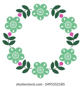 flowers style Scandinavian folk art ,floral greeting card on pattern, green ,white and pink ornament ,design elements.