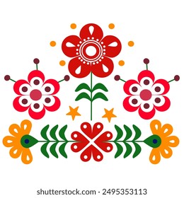  flowers style Scandinavian folk art ,floral greeting card on pattern, green ,red and orange ornament ,design elements.