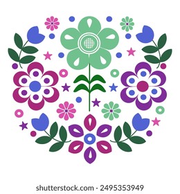 flowers style Scandinavian folk art ,floral greeting card on pattern, green ,purple,pink and blue ornament ,design elements.