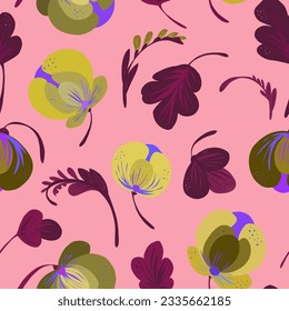 Flowers in the style of Ukrainian folk painting, petrikovka. Vector seamless pattern. Stylized floral pattern. Hand-drawn illustrations in flat style.