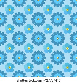 Flowers (stylized chamomile & forget-me-not) seamless background isolated on blue, vector illustration