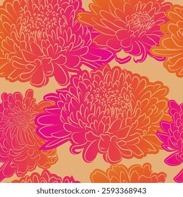 Flowers stylized pink, orange chrysanthemum Spring line illustration Chrysanthemum Flowers. Hand Drawn vector. Wallpaper, fabric