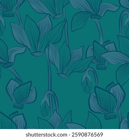 Flowers stylized teal, Cyclamen green Spring line art illustration Cyclamen Flowers Pattern. Hand Drawn vector Illustration. Teak green color Wallpaper, fabric