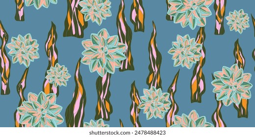 flowers succulents ornament stylized blooming linear elements natural motifs seamless overlapping endless pattern rapport vector